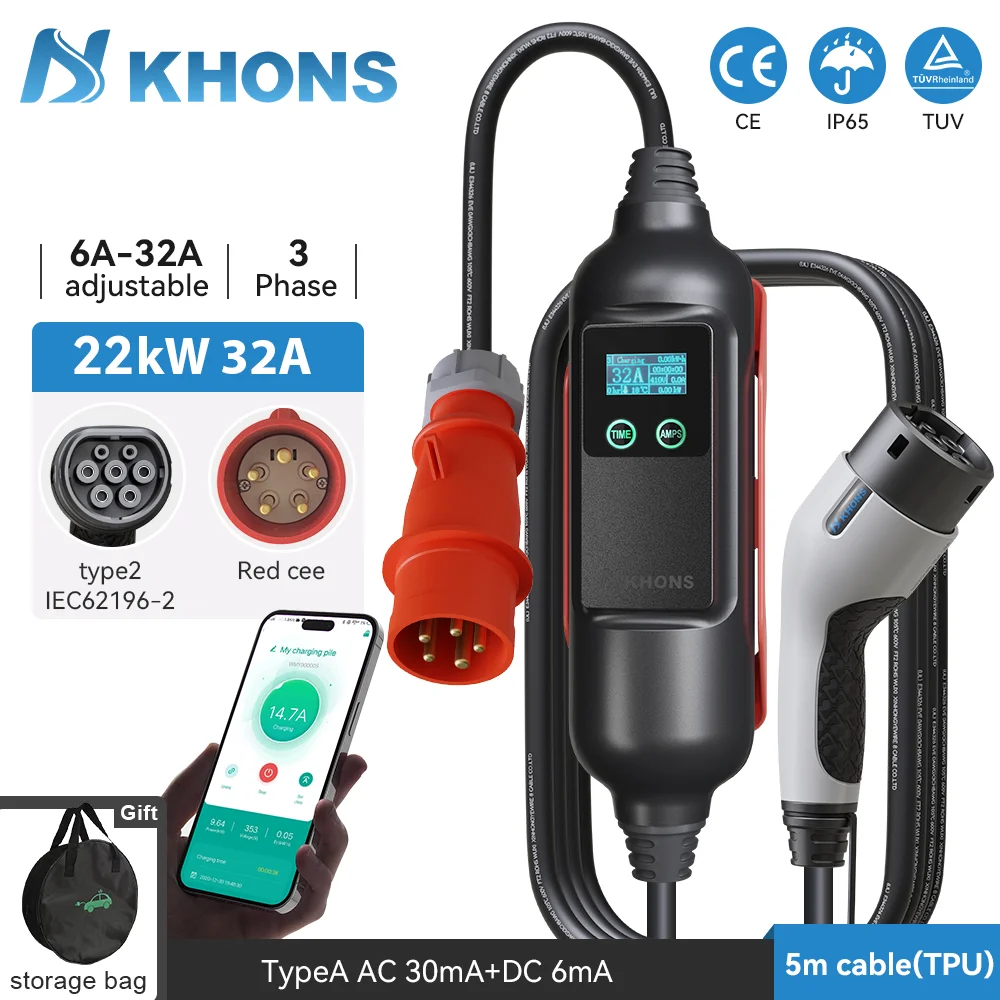 Khons EV Cargador portátil Type2 22kw EV Cargador 32A 5m TPU Cable Evse Carga Wallbox Control de aplicaciones móviles IP65