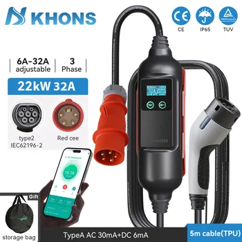 מטען נייד Khons EV סוג 2 22kw מטען EV 32A 5m כבל TPU טעינה Evse Wallbox שליטה באמצעות אפליקציה ניידת IP65