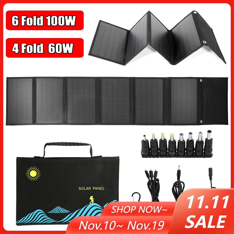 

60 Вт/100 Вт Портативна складна сонячна панель Подвійний USB+DC вихід Сонячний зарядний пристрій Відкритий кемпінг Аварійне джерело живлення для телефону