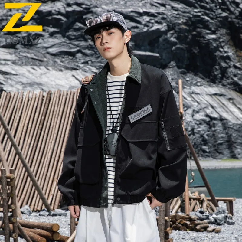 COMXZ Mens Jacket New American Trendy Color Block Notch Lapel Windbreaker Men Riding Versatile Minimalist Windproof Autumn Coat