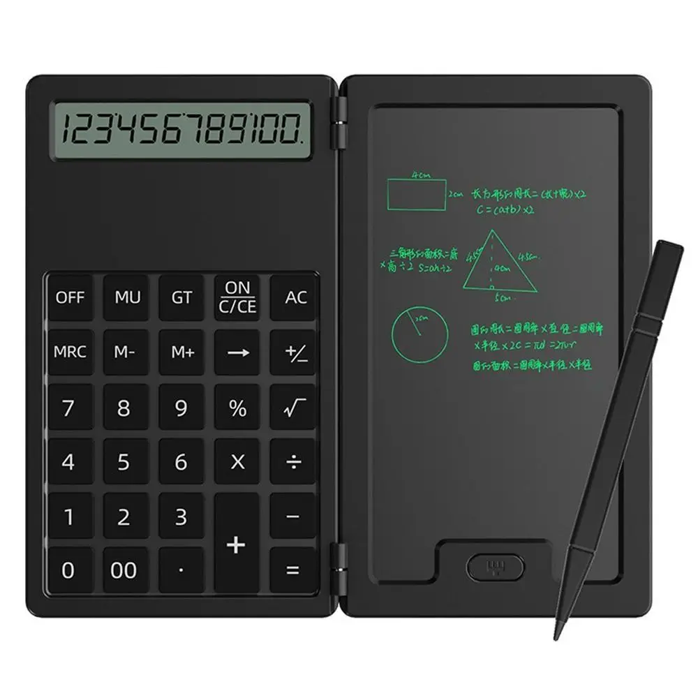 Mini calculatrice scientifique multifonctionnelle pliable à 12 chiffres, bloc-notes LCD, bloc-notes avec stylet