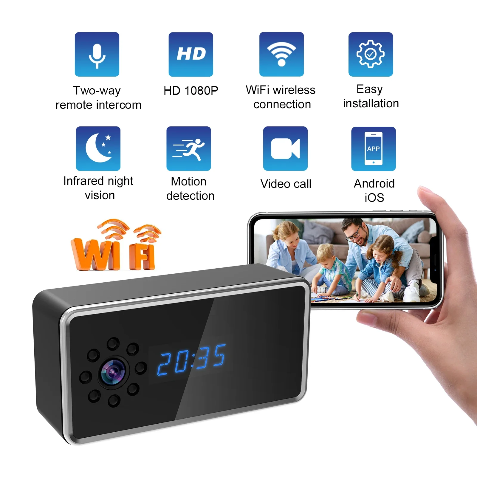 1080P Mini Clock Camera Remote Viewing With Night Vision and Motion Detection 160° Wide Angle Photo Video Recorder For Household