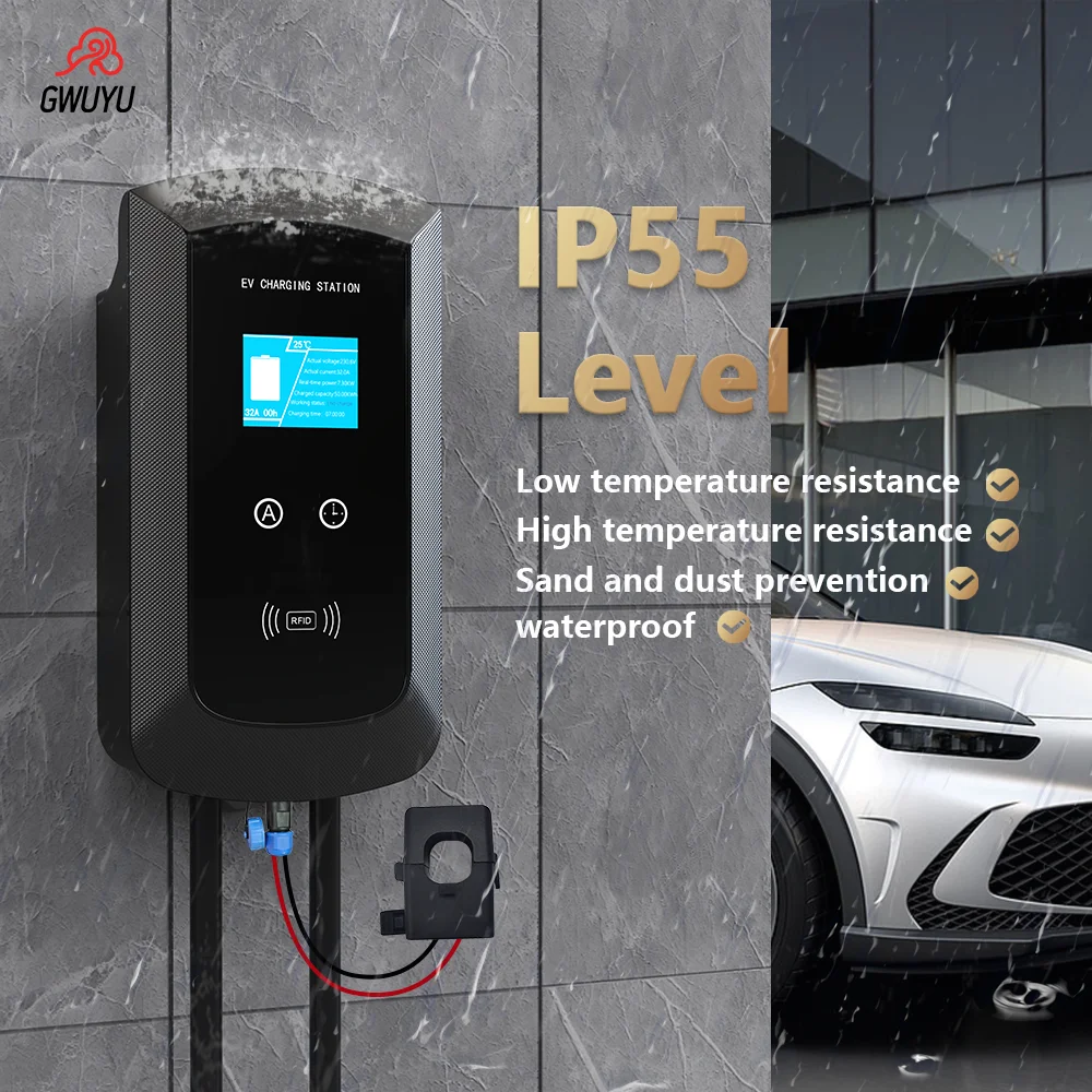 EV Charging Station GWUYU JZ14 Type 2 7.6KW 32A 1 Phase 220V 5m Cable Wallbox Electric Vehicle Charger Dynamic Load Balancing