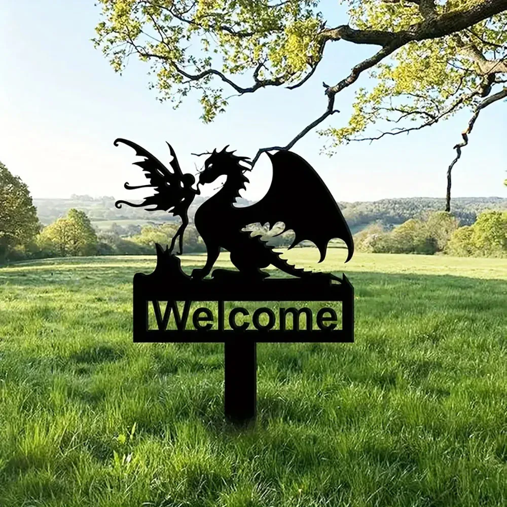 1pcs Dragon Style Garden Metal Stake Dragon Welcome Garden Fairy Address Yard Sign Yard Sign Steel Gardening Yard Decorations