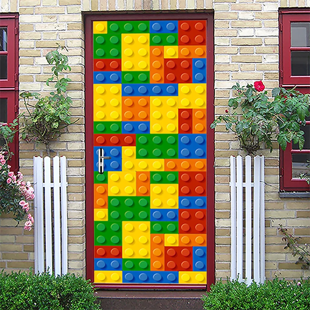 3D Colorful Building Blocks Door Sticker Removable Bathroom Renovation Wardrobe Decoration Wall Door Art Mural Stickers