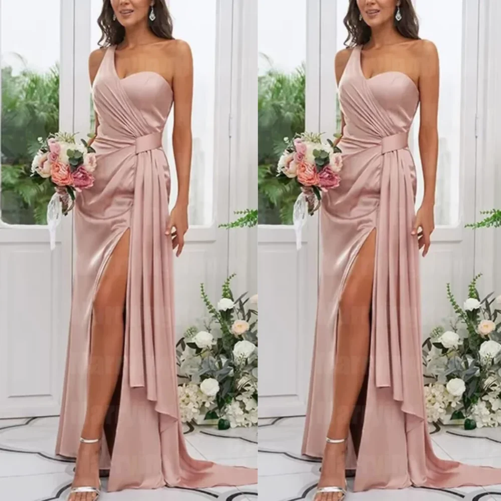 

Elegant One-shoulder Sheath Evening Dresses Draped Knot Vertically Satin Floor length rom Exquisite فساتين سهره فاخره