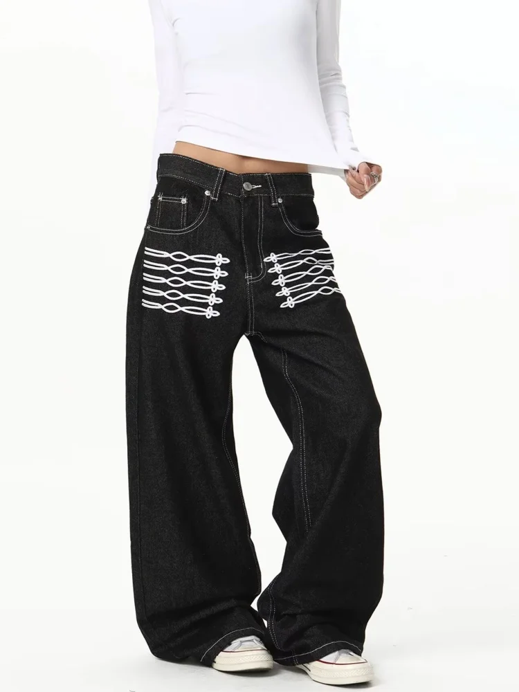 2026 Trend Y2K Style Ribbon Embroidery Design Black Baggy Women's Jeans Pants For Woman Clothing Straight Gothic Long Trousers