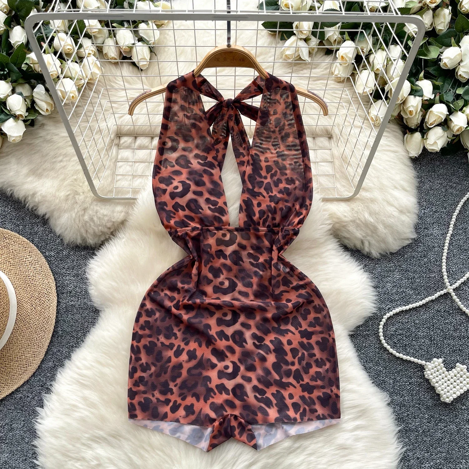 Retro leopard v neck Jumpsuits sweet loose Shirring shorts Slim Single Shirt Women summer Fashion Top