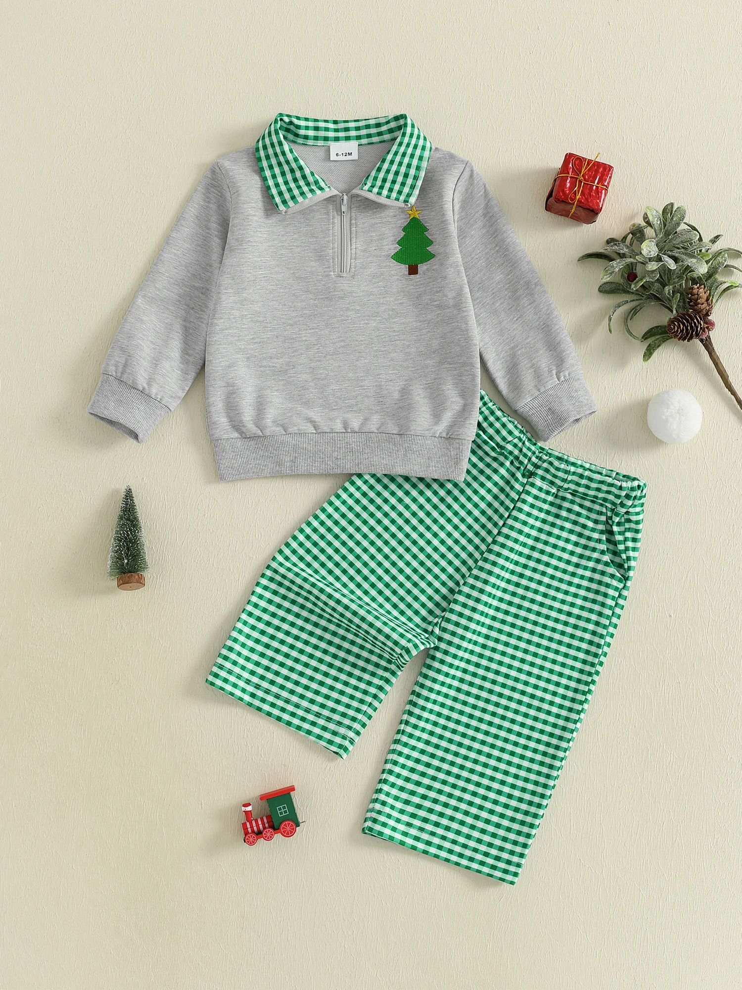 

Cute Toddler Boy Holiday Ensemble with Festive Tree Design on Pullover and Stylish Plaid Pants with Elastic Waistband