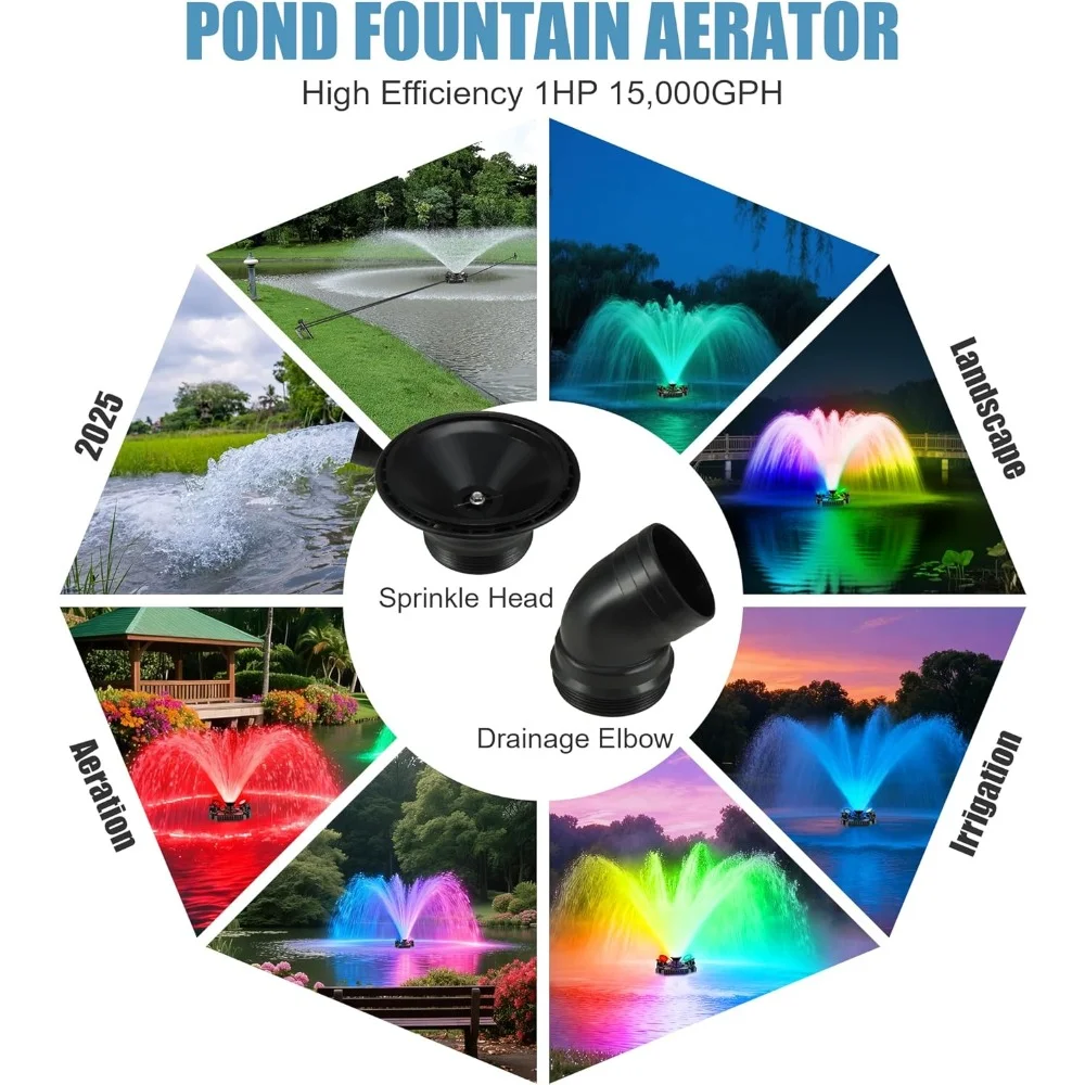 Floating Pond Fountain Aerator 1HP 750W 110V/220v with 4 RGB Lights Stainless Steel Pump for Ponds Lakes Pools