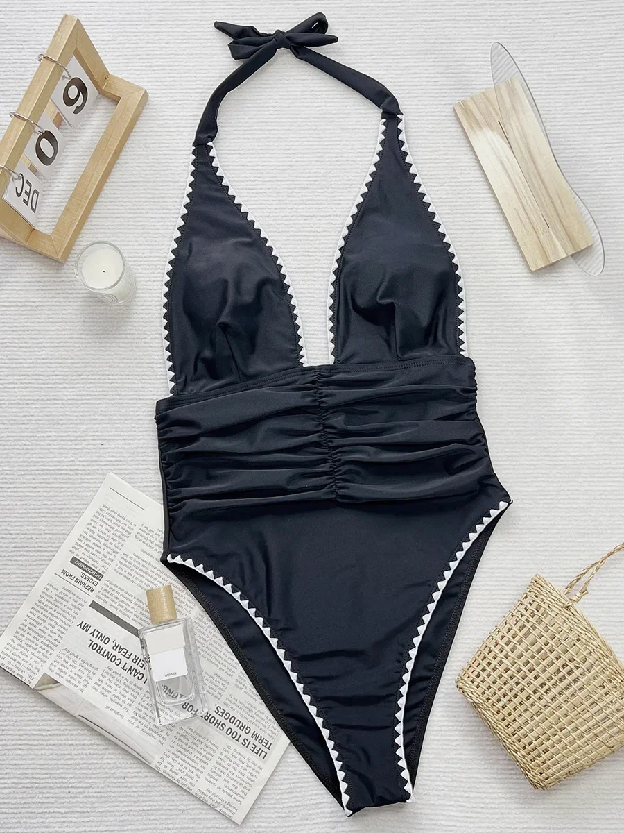 V Neck Halter Wrinkled Women Swimwear One Piece Swimsuit Female High Cut Backless Monokini Bather Bathing Suit Swim Beachwear