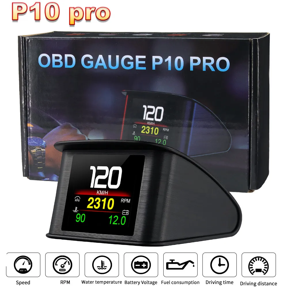 P10 Pro Head Up Display Komputer pokładowy Samochodowy cyfrowy OBD2 Przebieg OBD Wyświetlacz komputera jazdy Prędkościomierz Wskaźnik temperatury