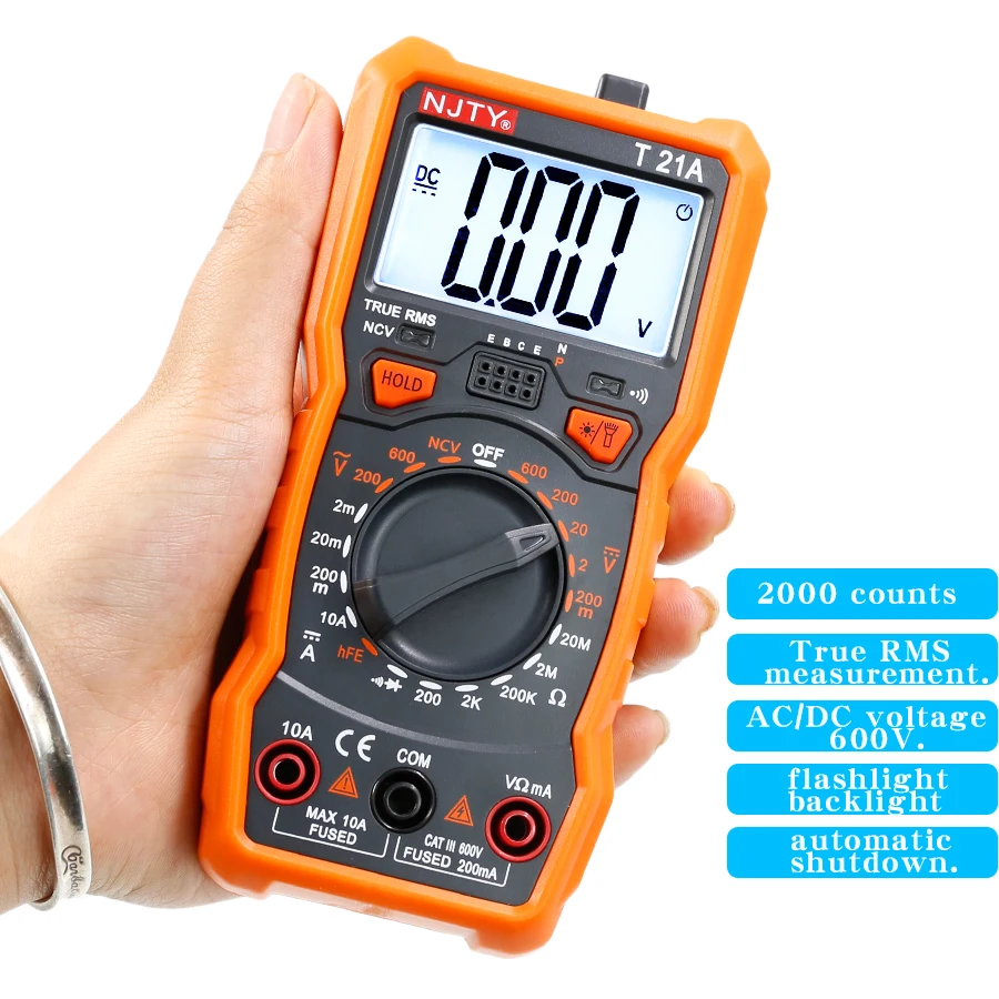 

NJTY T21A Household Digital Multimeter Portable Small Digital Display Universal Meter 2000 Counts AC/DC Voltage 600V DC Current