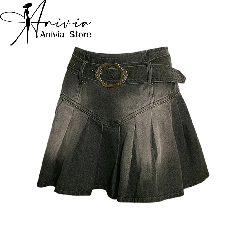 

Women's A-Line Denim Pleated Skirt Y2k Mini Skirts Harajuku Vintage 90s Aesthetic Cowboy Skirt 2000s Fashion Clothes Summer 2024