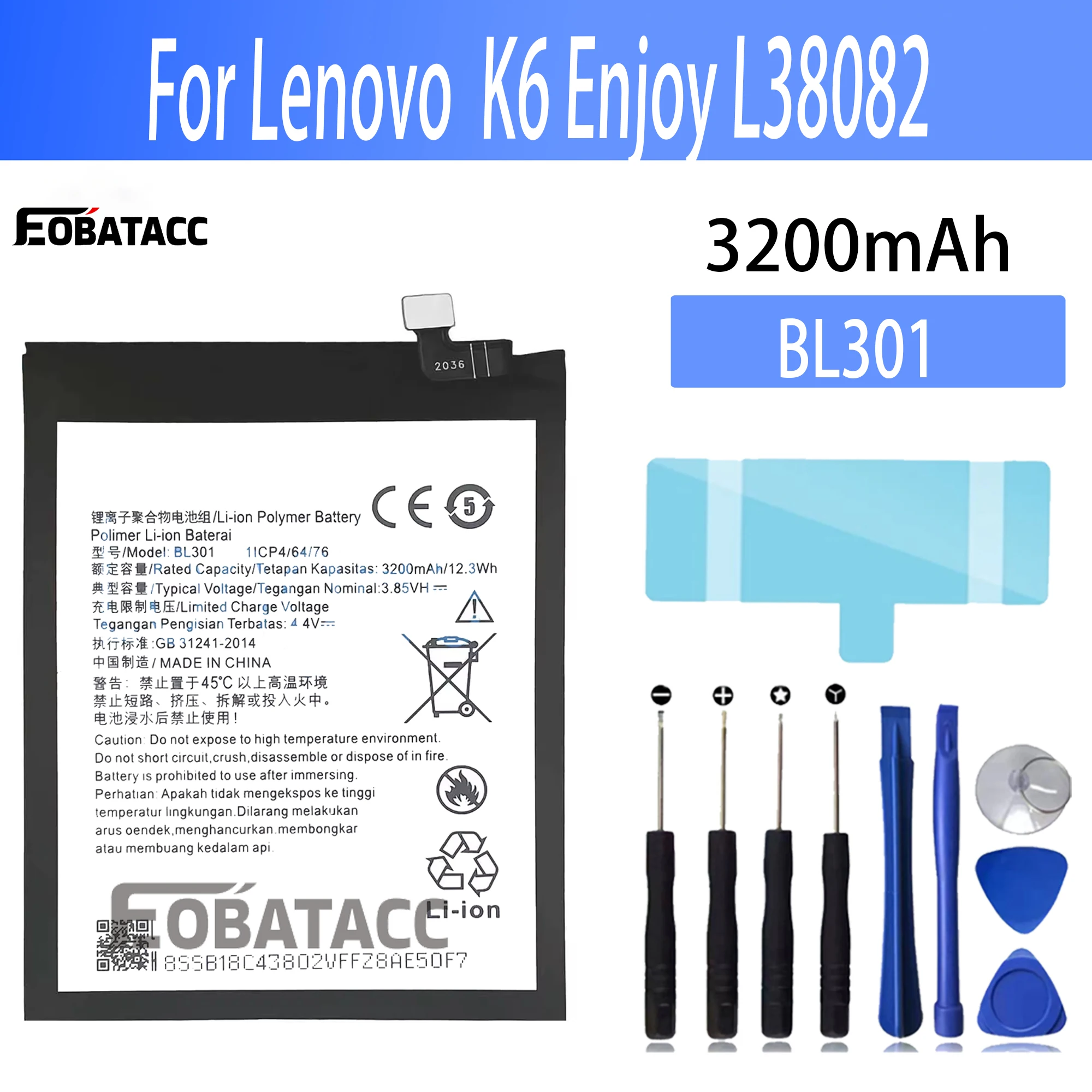 100% New Original Battery BL301 For lenovo K6 Enjoy L38082  Battery + Free Tools