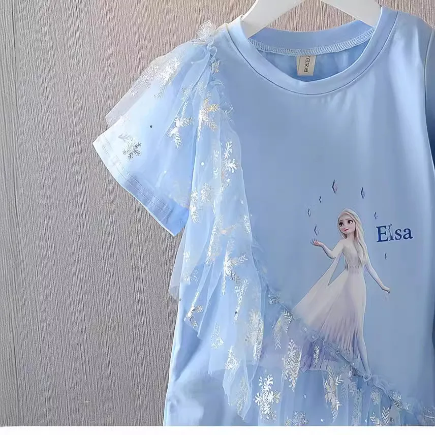 Casual Girl Dress Disney Frozen Elsa Princess Pullover T-shirt Dresses Summer Child Girl Ruffles Vestidos Printed Cartoon Dress