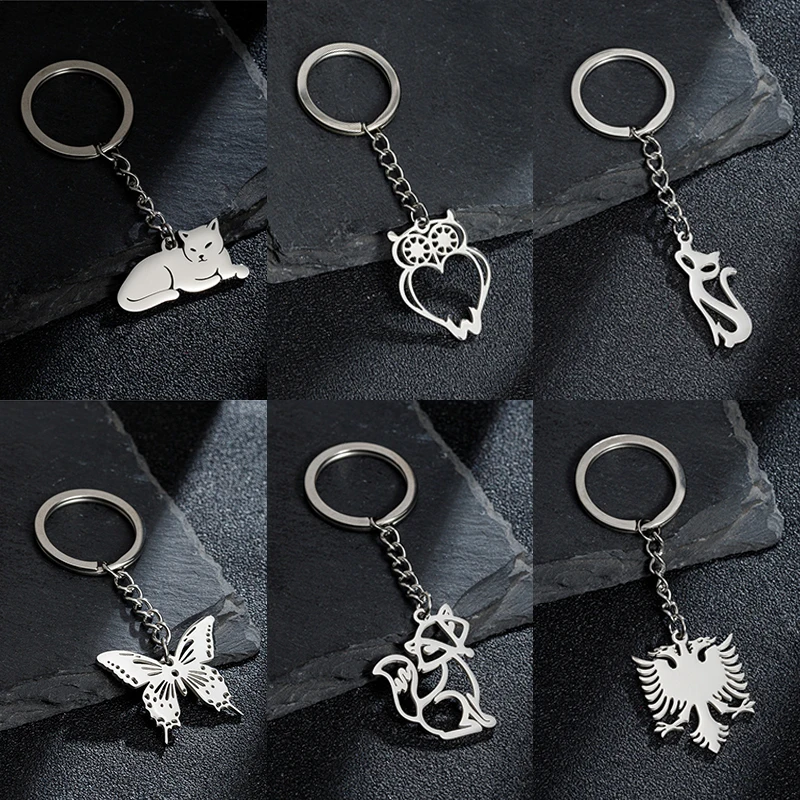 Fashion Stainless Steel Animal Metal Keychain Retro Owl Butterfly Cat Key Chains for Women Albanian Eagle Car Key Ring Jewelry