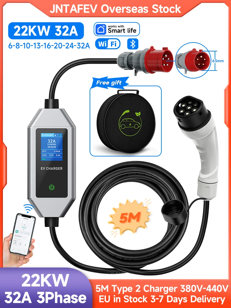JNTAFEV 22kW EV-Ladegerät 32A Typ 2 Wallbox-Ladestation 3-Phasen EVSE Schnellladestation mit WLAN-App-Steuerung für Elektroautos