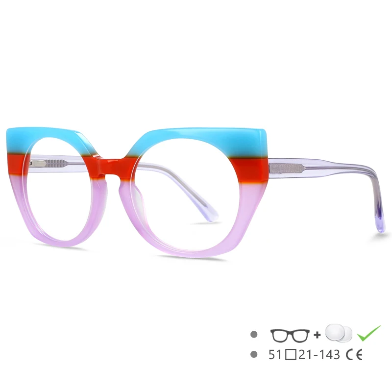 Runde Acetat-Brillenfassung für Damen, optische Korrektionsbrillenfassung, Cat-Eye-Design mit farbigen Nähten, Luxusmarken-Brillen 55272