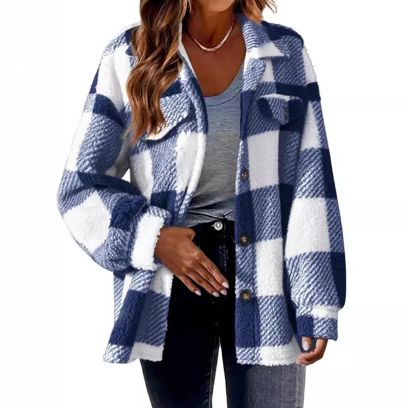 Autumn Winter Women Lamb Wool Jacket Chic Loose Casual Pockets Plaid Shirts Long Sleeve Coats Velvet Versatile Jacket New