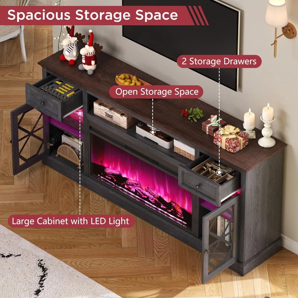 

Farmhouse 70 Fireplace TV Stand with 37 Electric Fireplace, Large LED Entertainment Center with Storage for 80 TVs, TV Console