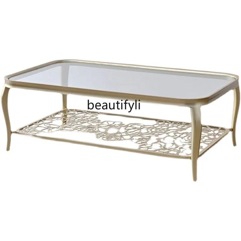 American Light Luxury Solid Wood Stainless Steel Champagne Gold Glass Coffee Table Simple   Rounded Corner Hollow out Creative