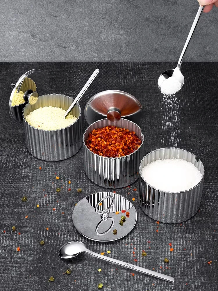 Luxury Stainless Steel Salt Jar, Sugar Bowl with Lid & Spoon, Spice Container, Art Deco Condiment Jar for Pepper, Seasonings