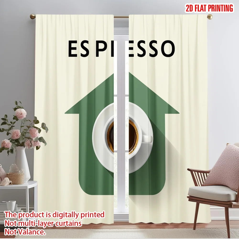 

2pcs 2D flat printing Window Drapes Espresso Coffee Cup Polyester Fabric Without Electricity Festive Holiday for Home & Party