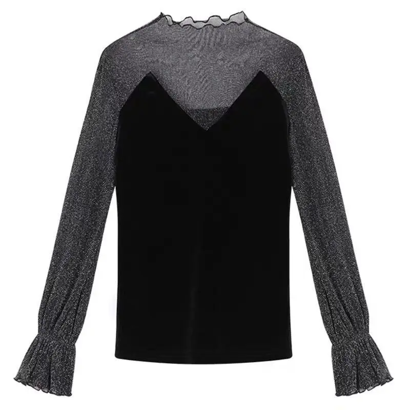 Fashion Chiffon Flared Sleeves Mesh Spliced Knit Pullover Slim Hollow Out Long Sleeve Shirts Bottom Top All-Match Trend Tshirt