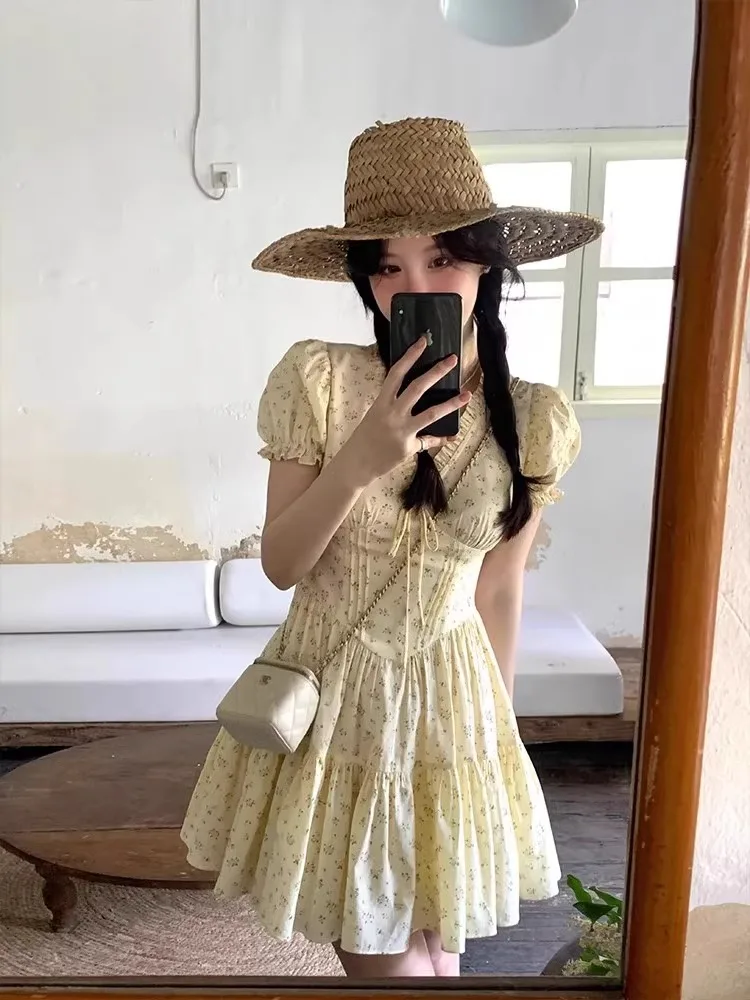 Vestidos de manga corta para mujer, quinceañera azul, primavera, satén, lazo, cintura fruncida, volantes, corte en A, fajas dulces, ajustado, bonito Kawaii