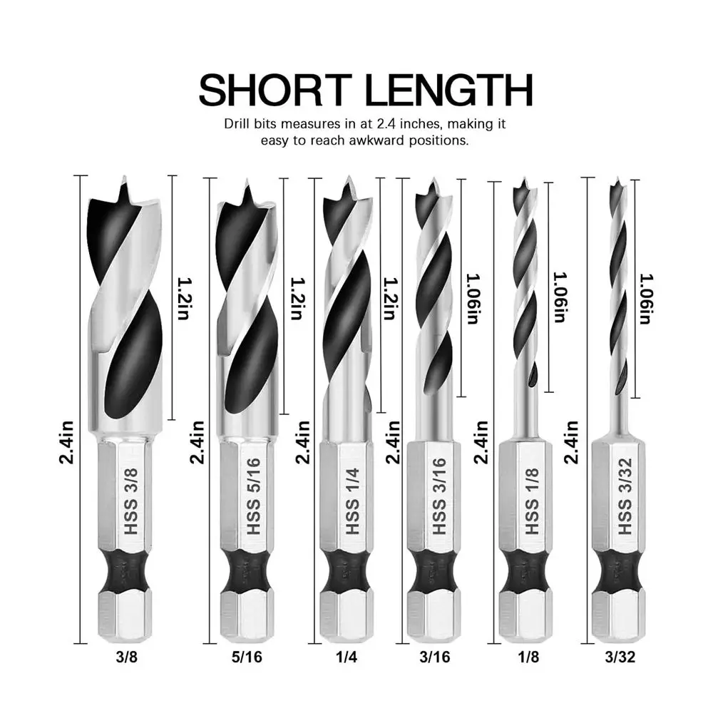 6pcs HSS SAE Brad Point Stubby Drill Bit Set 3/32-3/8