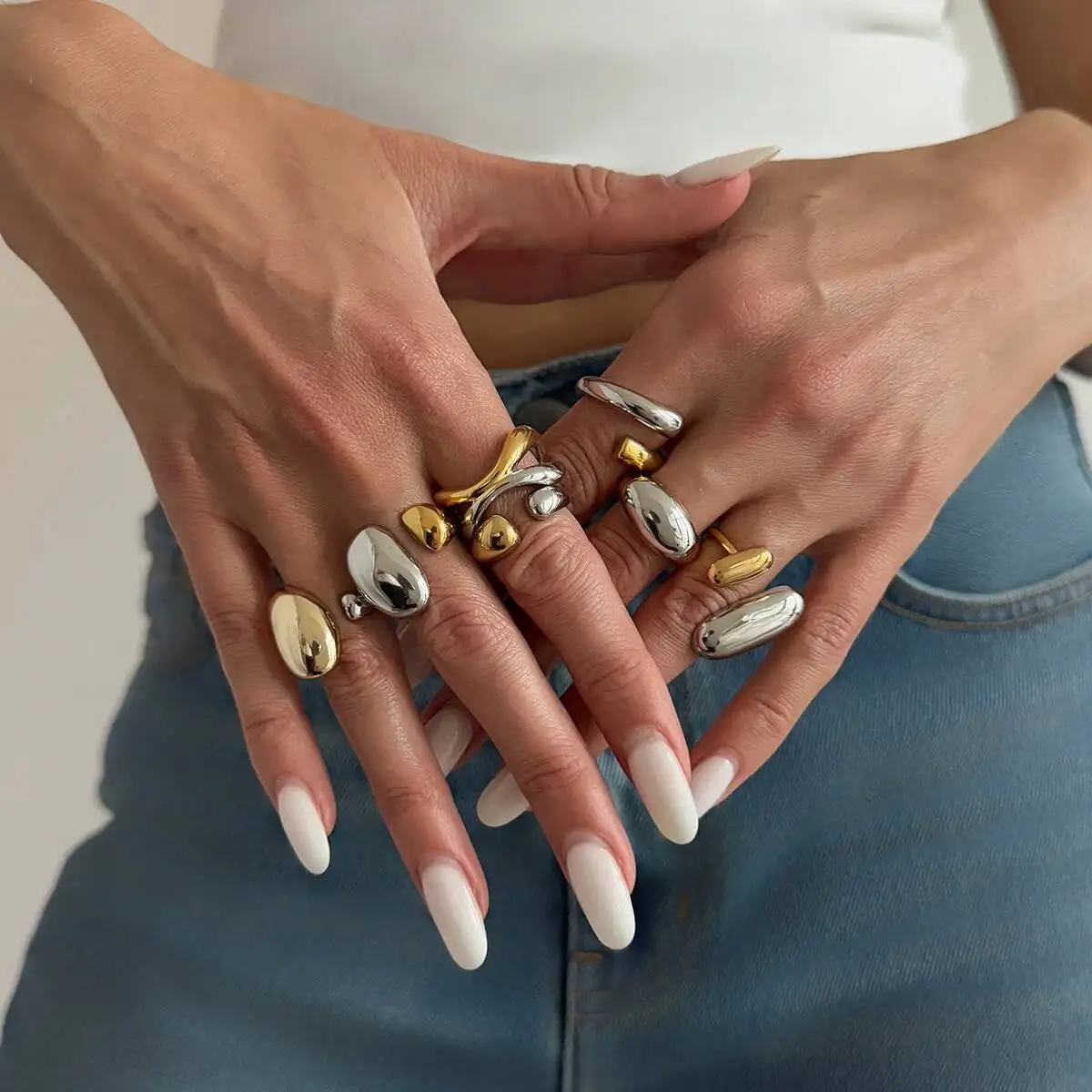 

Lacteo 7Pcs Trendy Geometric Mix Color Stainless Steel Finger Rings Women Punk Smooth Surface Irregular Adjustable Ring Jewelry