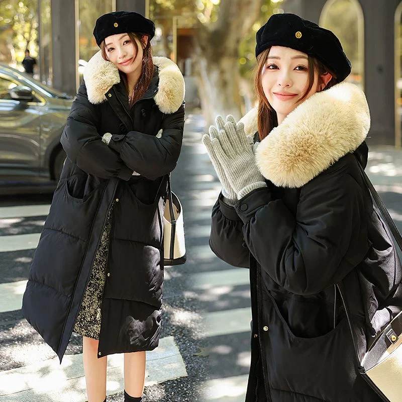 

Новинка 2023 года, длинное пальто с меховым воротником и капюшоном, женское корейское повседневное свободное пуховое парка с хлопковой подкладкой, женская зимняя одежда