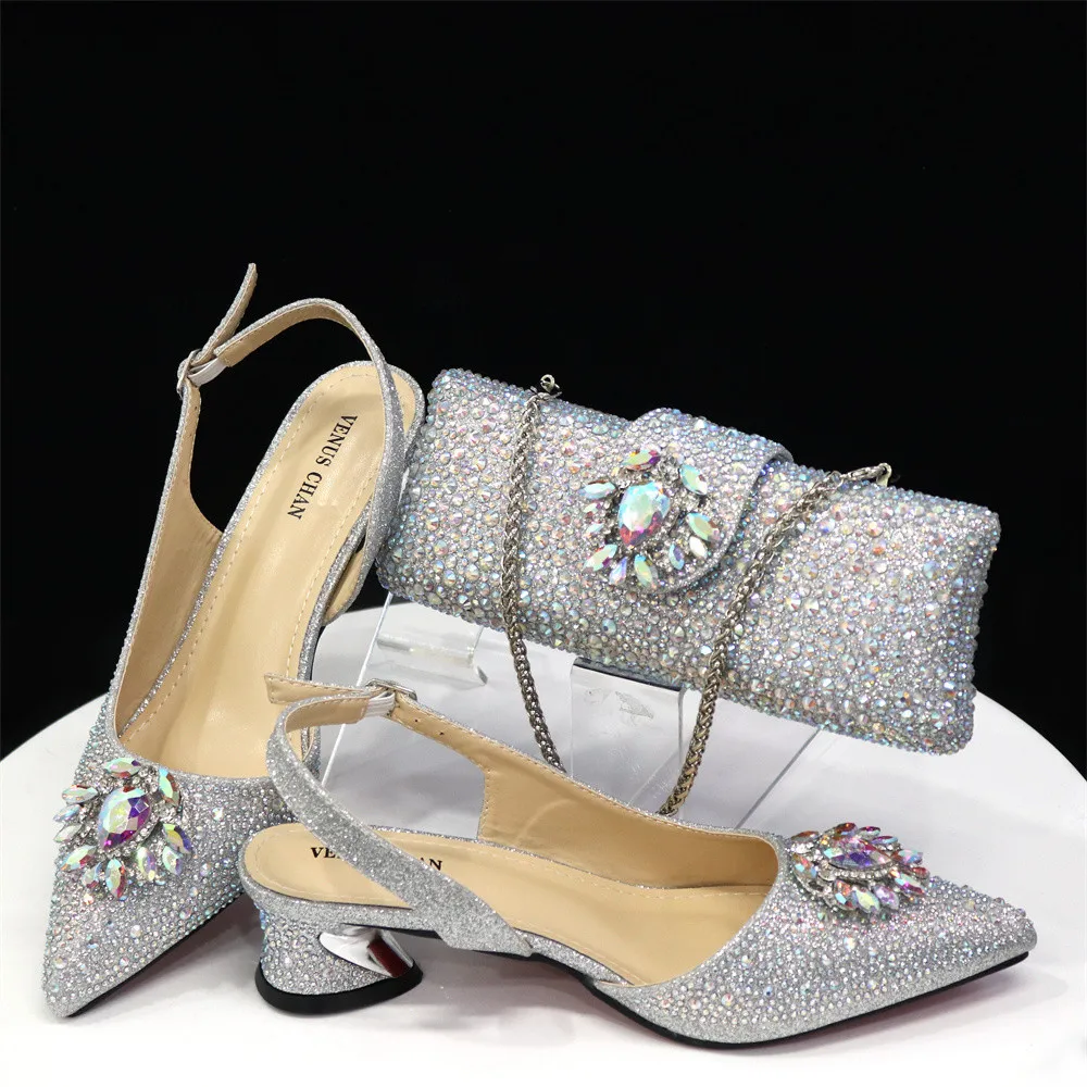 2024 Italian Peep Toe Wedding Sandals Silver Color Summer Pumps for Women High Heels Rhinestone Shoe and Bag Set