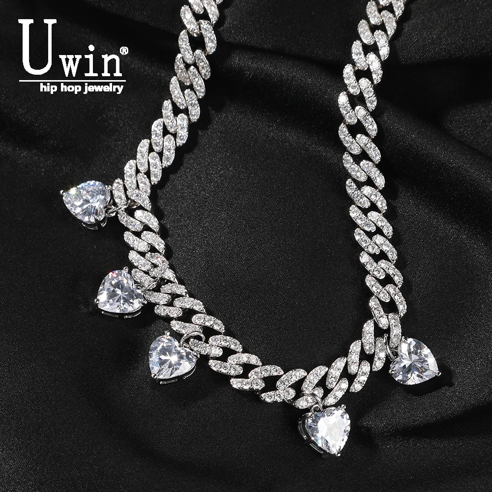 Uwin 9mm Miami Cuban Chain with 5 Heart Charms For Women Cubic Zirconia Necklace Fashion Charm Hip Hop Jewelry Gifts