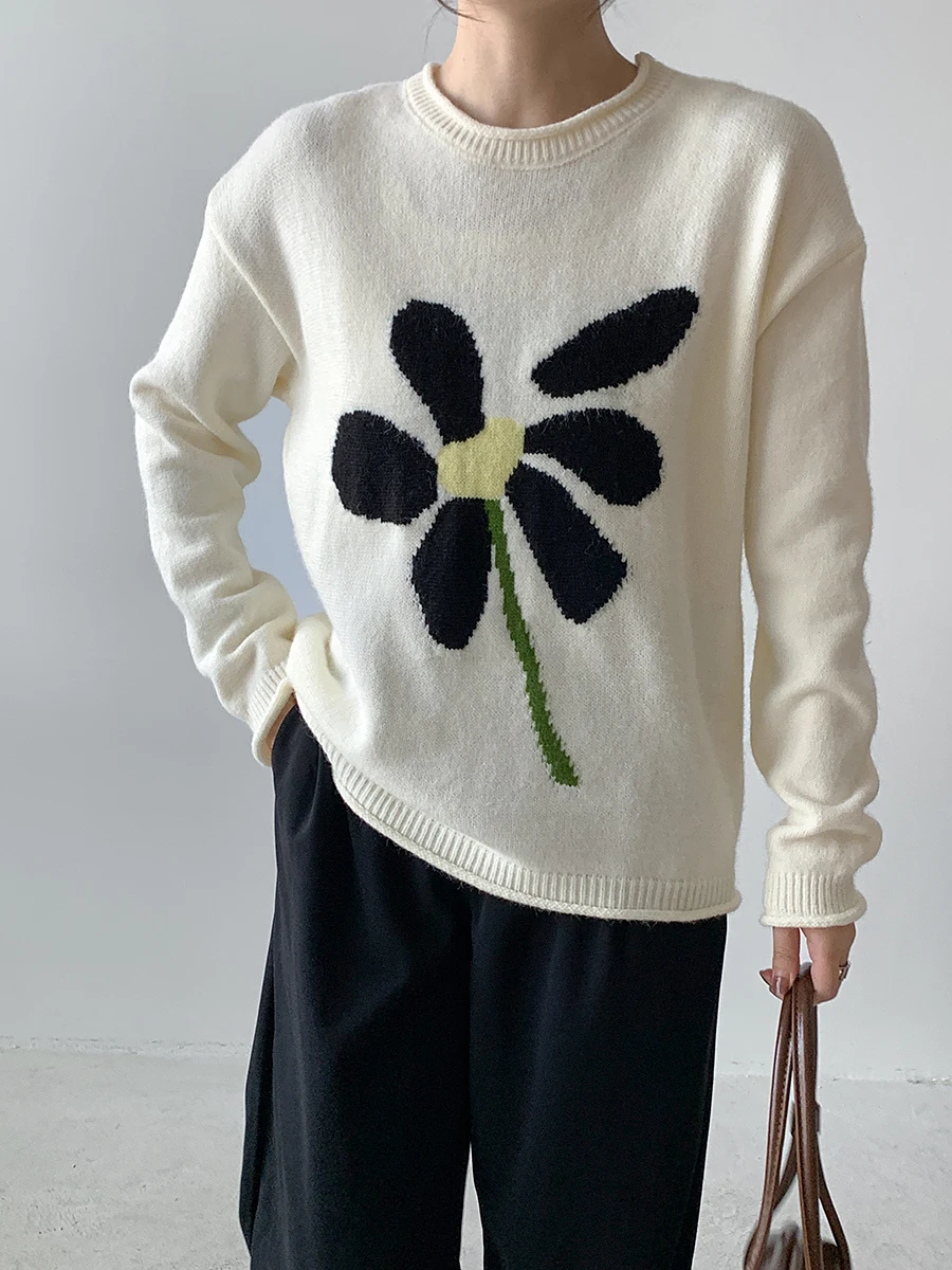 

Loose round Ne Knitted Sweater Women's Early Autumn Korean Sle Flower Patterned Outerwear Casual Commute Spring Autumn Wi...
