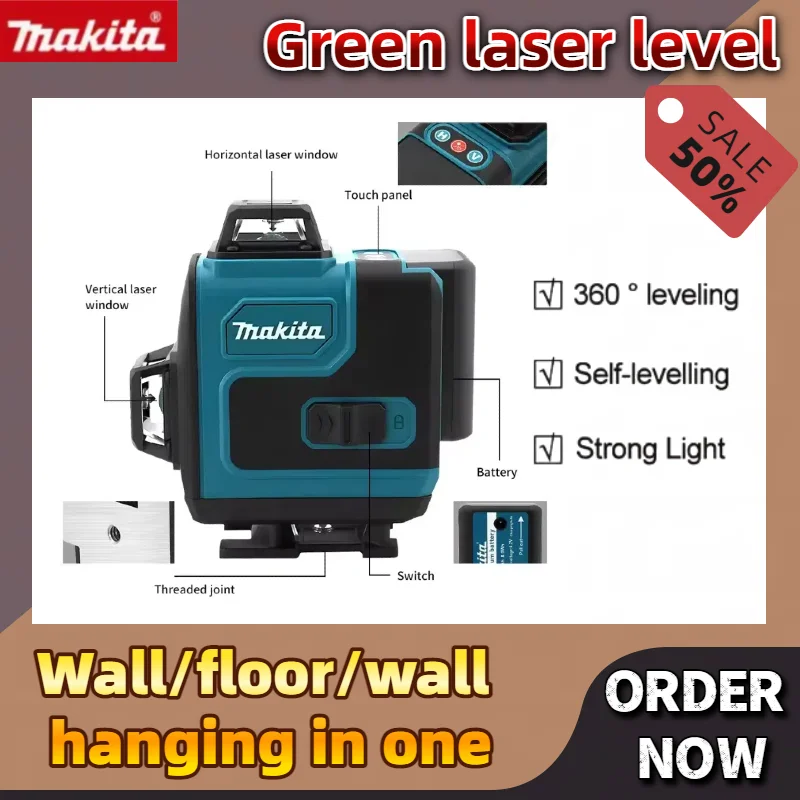Makita alta precisão sem fio auto-nivelamento 360 horizontal vertical luz verde laser cruz fixado na parede ferramenta de nível portátil