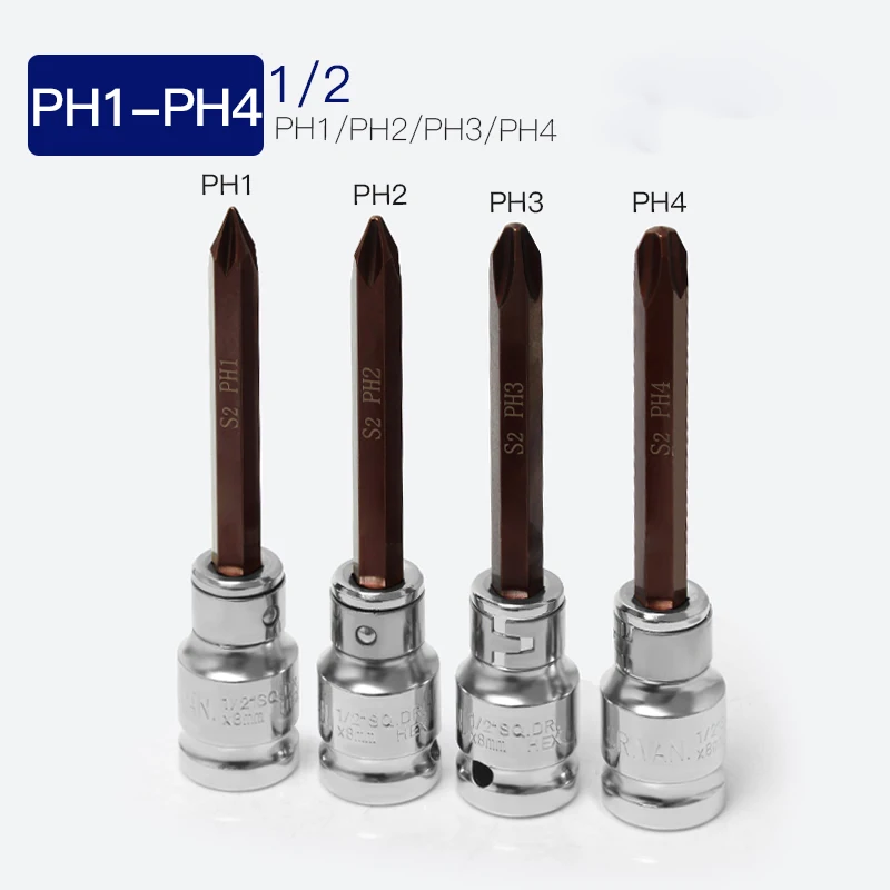 Cross Screwdriver Bit Phillips Screwdriver Bits 1/2' Drive Socket Hand Tool PH1 PH2 PH3 PH4 55/104mm Electric wrench accessories