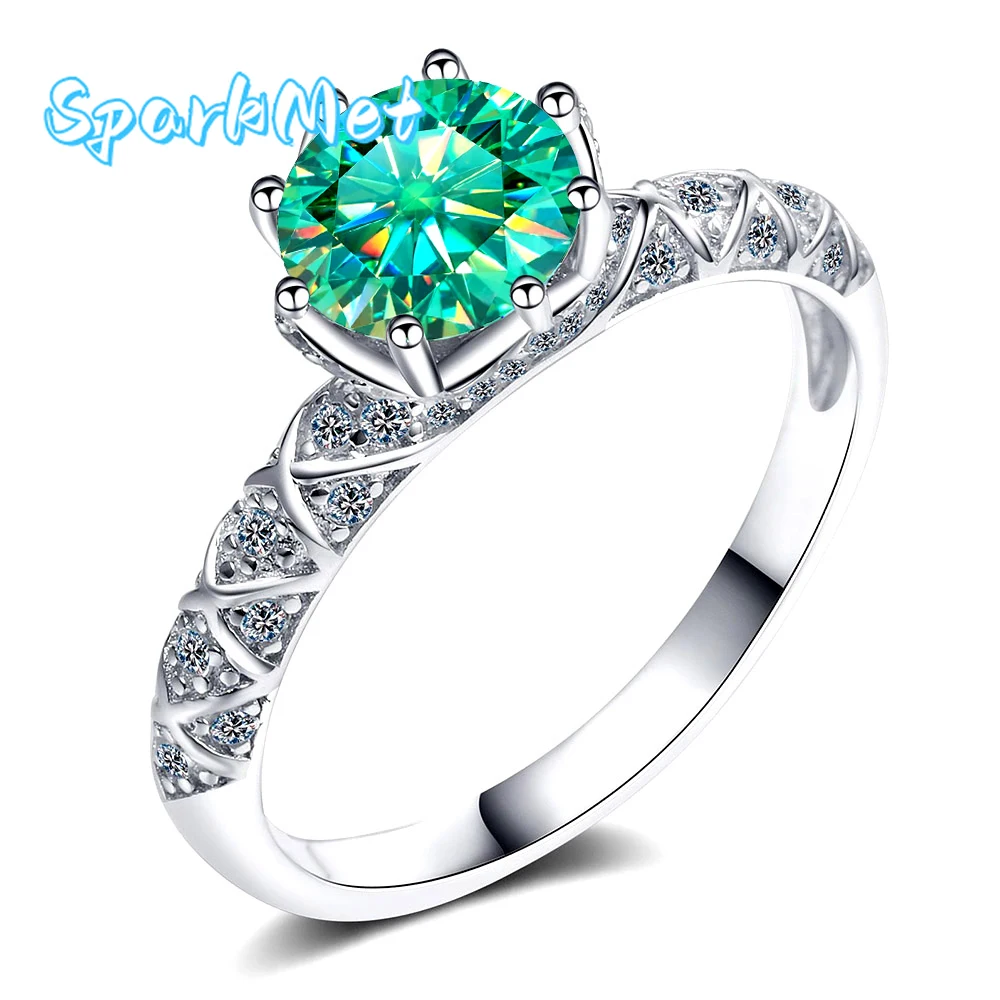 

SparkMet 100% настоящее кольцо с бирюзовым муассанитом 1 карат с сертификатом, пройденные испытательные кольца с бриллиантами, женские вечные украшения, серебро S925