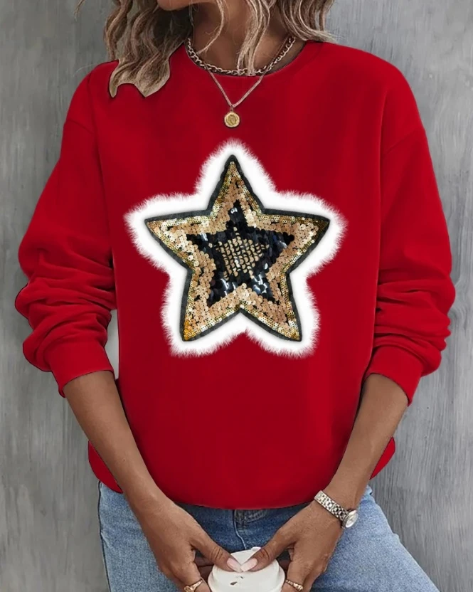 2023 Autumn Winter Spring New Fashion Casual Sequin Star Pattern Fuzzy Detail Sweatshirt Female Clothing T-Shirts Pullover Tops