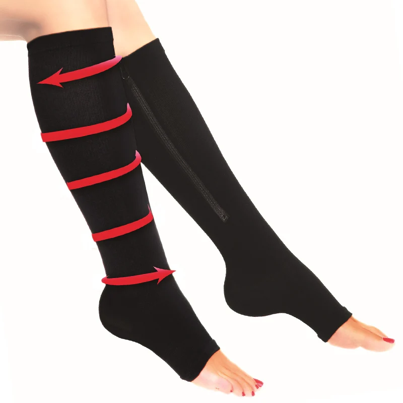 1Pair Zipper Compression Socks for Women, Open Toe Fat Burning Slim Leg Shaper, Prevent Varicose Veins Relief