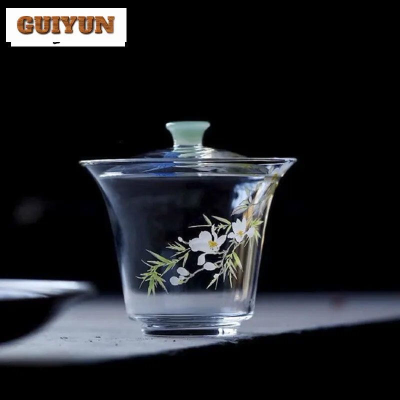 155ml High Borosilicate Glass Flower Gaiwan Vintage Transparent Non Hot Tea Tureen Tea Making Cover Bowl Tea Ceremony Decoration