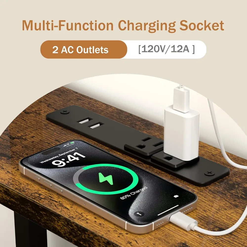 طاولة كونسول للأريكة ثنائية المستوى مقاس 70 بوصة مع طاقة مدمجة وشحن USB، وسلك تمديد متضمن