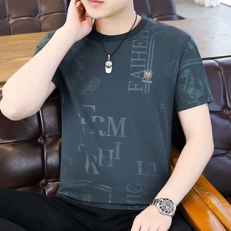 

New Men's Short T-Shirt 2024 Summer New Trend Thin Ice Silk Half Sleeved Clothing Personalized Embossed European Version