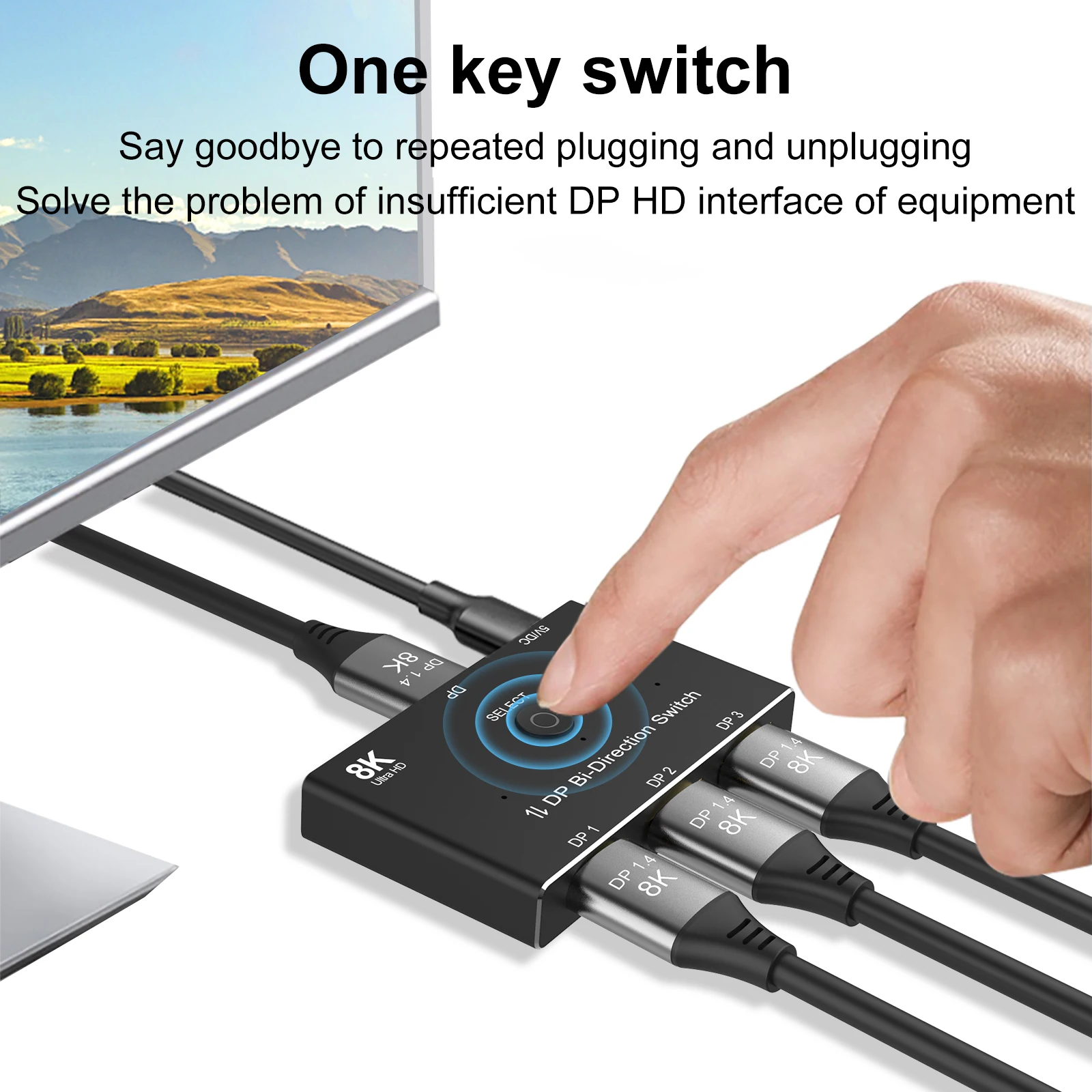 ​DisplayPort Switch 3 Port DP 1.4 Switcher Box Bi-Direction 1X3 or 3x1 32.4Gbps 8K@60Hz 4K@144Hz HDR for Display Port PC monitor