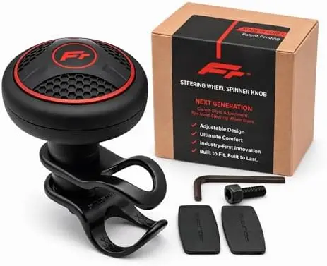 

Steering Wheel Knob - Adjustable Clamp, 360° Control, Non-Slip Grip, Metal Bearing, Red Silicone V2