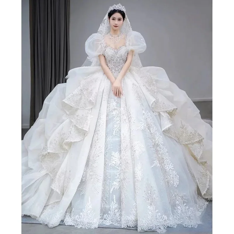 French White Women Wedding Dress New Bride High Quality Luxury Heavy Industry Palace Style Big Tail Main Yarn Cos Bride Suit