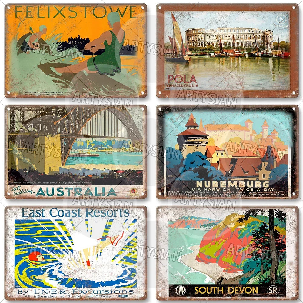 Travel Metal Sign Australia Bridlington Cruden Bay Edinburgh London Felixstowe Margate Mallorca Pola Rhodesia South Devon Italy