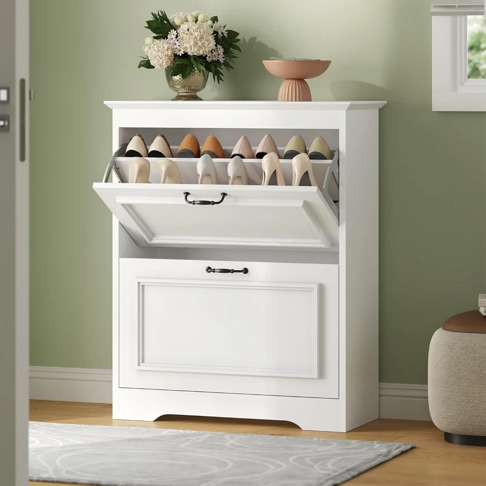 

Shoe Cabinet with 2 Flip Drawers, Shoe Storage Cabinet with Metal Flip Stand, Back Dust Plate, Hidden Shoe Rack Cabinet