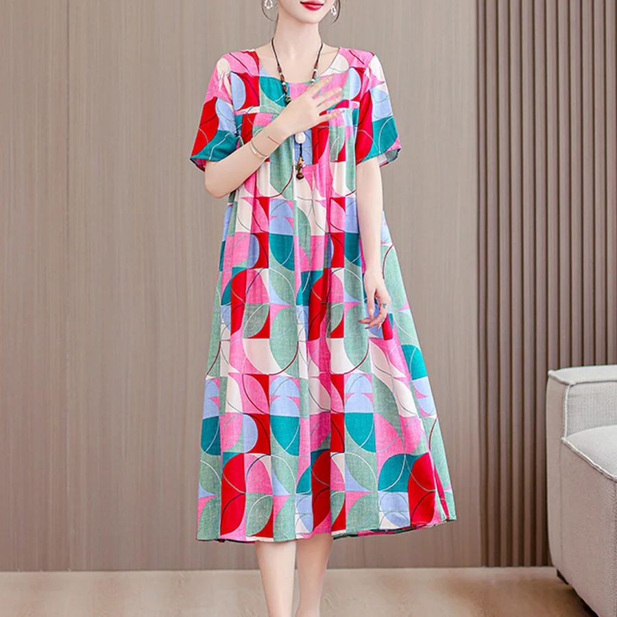 New Casual 2024 Women summer Dress Floral Print short Sleeve Vestidos Elegant Vintage O-Neck Plus size Dresses